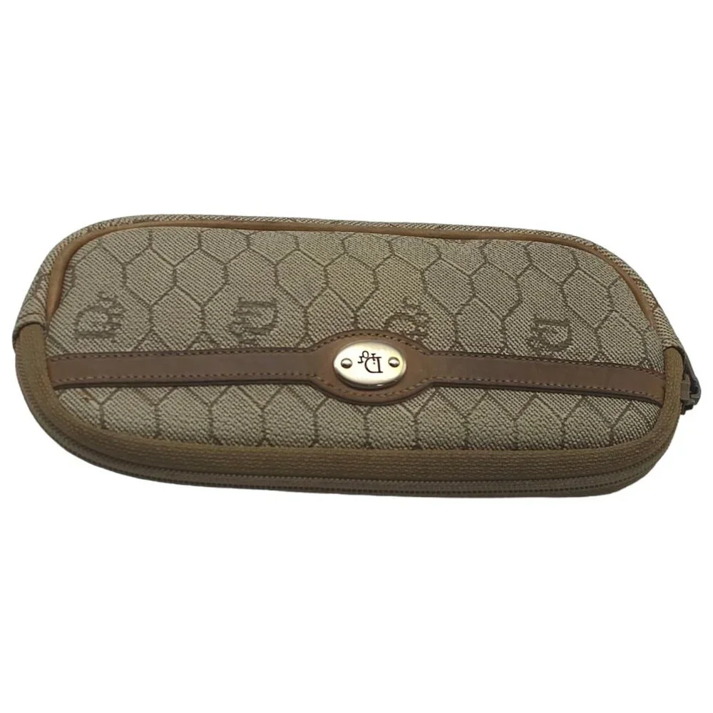 Vintage Auth Christian Dior Cosmetic Pouch Case Honeycomb PVC Leather Beige J11